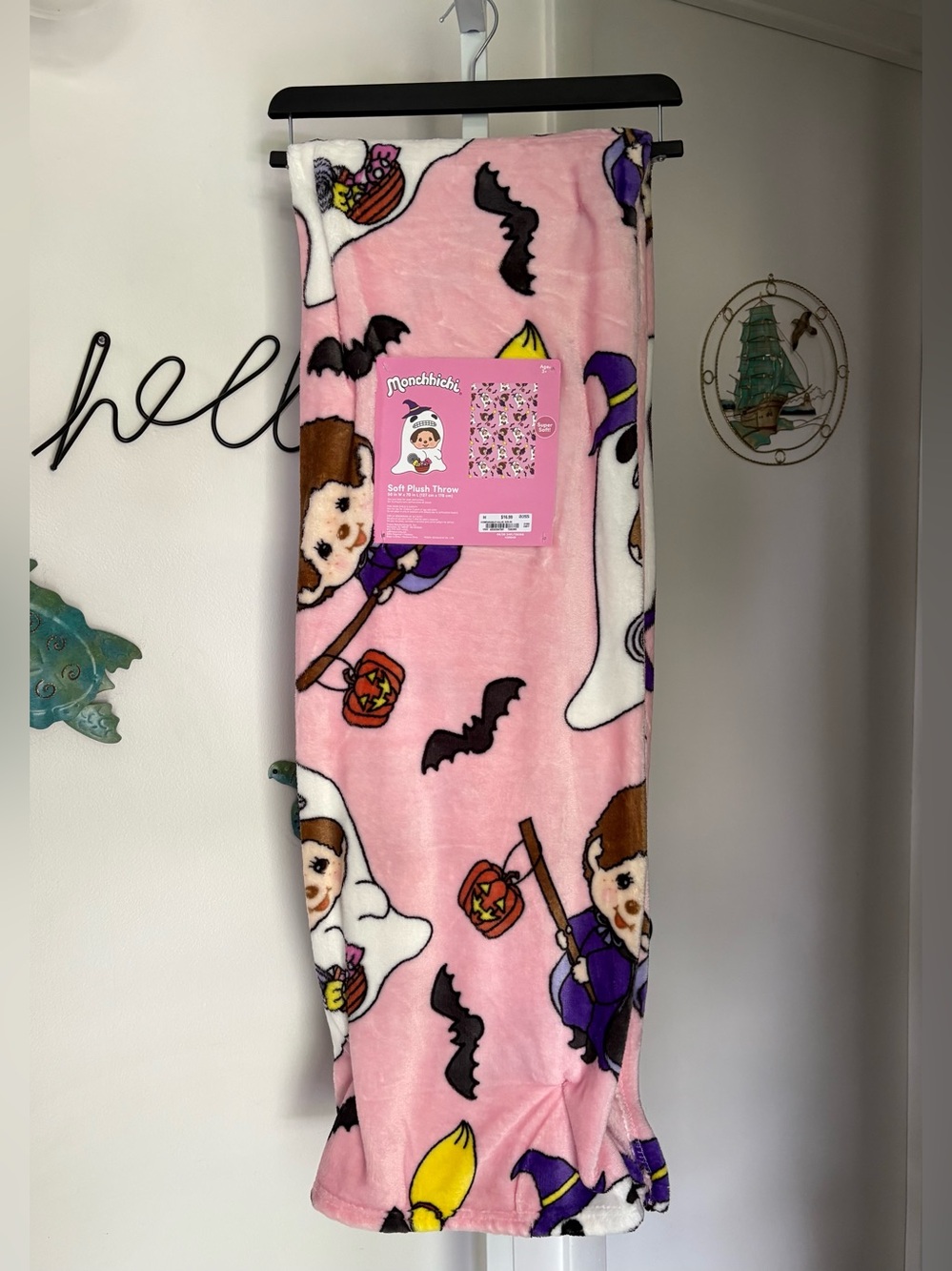 NEW Monchhichi Halloween Candy Ghost Pink Soft Plush Throw Blanket 50”x70”